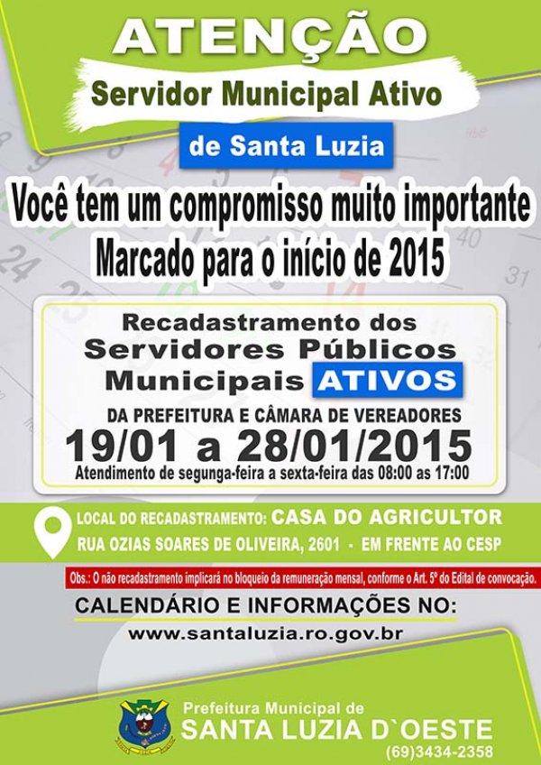 Prefeitura Municipal De Santa Luzia D&#039;Oeste Estará Fazendo O Recadastramento dos Servidores Municipais Ativos