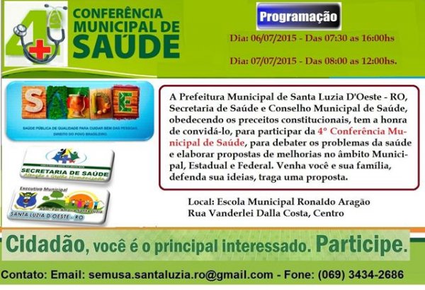 Prefeitura Municipal De Santa Luzia Convida Toda Sociedade Para Participar Da 4ª Conferencia Da Saúde Dias 06 E 07 Do Mês de Julho